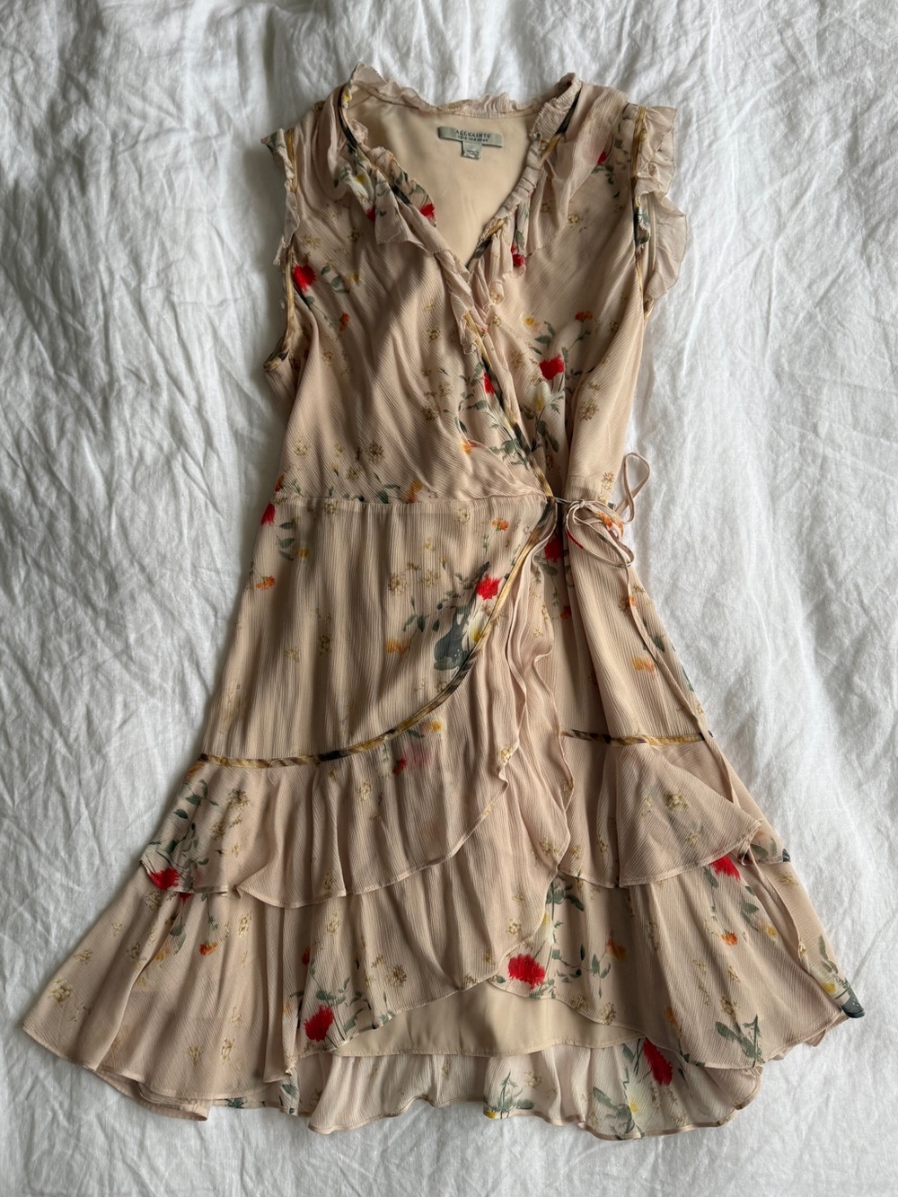 AllSaints Blush Floral Ruffle Wrap Dress